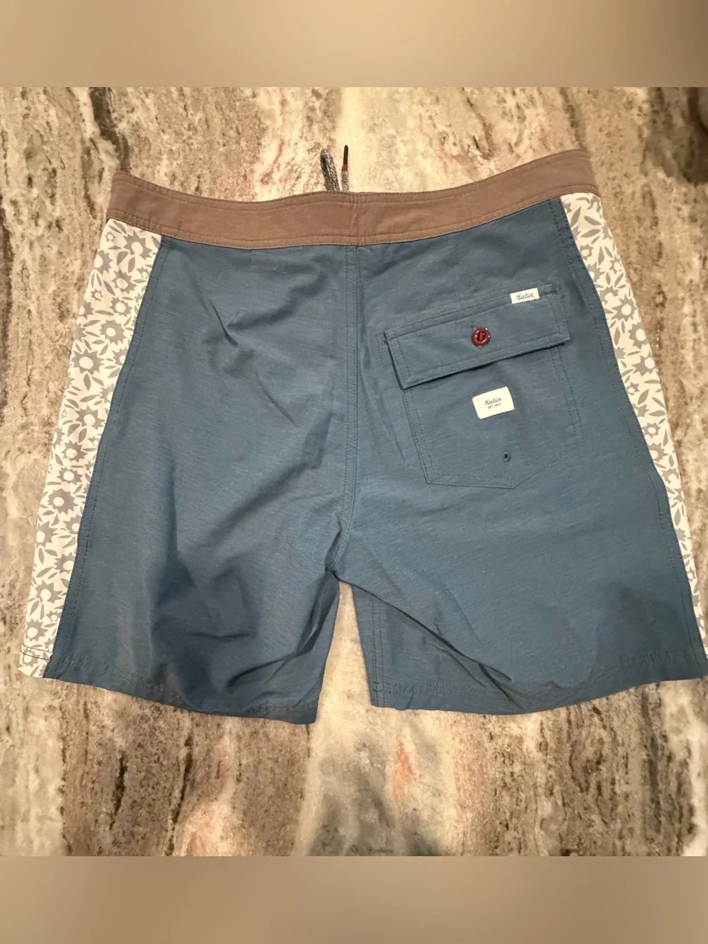 Katin Board Shorts. Blue with Brown Trim. Floral Side Panel Design. Size 31. EUC